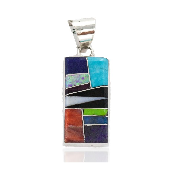 Navajo Rectangle .925 Sterling Silver Natural Multicolor Certified Authentic Real Handmade Native American Inlaid Pendant 24490-18 All Products NB160330192018 24490-18 (by LomaSiiva)