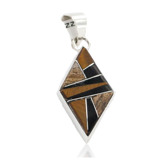 Certified Authentic .925 Sterling Silver Navajo Natural Black Onyx Tigers Eye Jasper Rhombus Real Handmade Native American Inlaid Pendant 24490-7 All Products NB160330200501 24490-7 (by LomaSiiva)