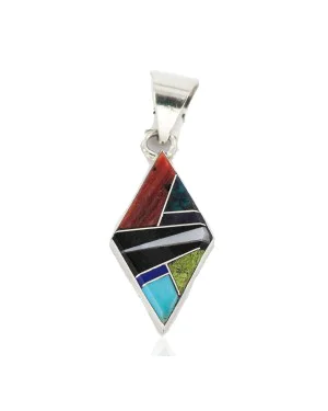 Navajo Rhombus .925 Sterling Silver Certified Authentic Natural Multicolor Real Handmade Native American Inlaid Pendant 24490-9