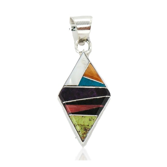 Navajo Rhombus Certified Authentic .925 Sterling Silver Natural Multicolor Real Handmade Native American Inlaid Pendant 24491-10