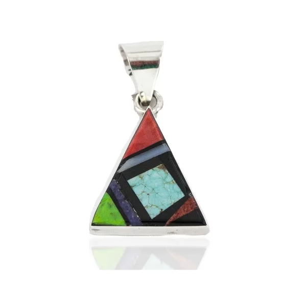 Navajo Certified Authentic Triangle .925 Sterling Silver Natural Multicolor Real Handmade Native American Inlaid Pendant 24491-11 Navajo Certified Authentic Triangle .925 Sterling Silver Natural Multicolor Real Handmade Native American Inlaid Pendant 24491-11