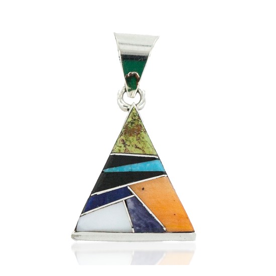 .925 Sterling Silver Certified Authentic Triangle Navajo Natural Multicolor Real Handmade Native American Inlaid Pendant 24491-16 All Products NB160330192351 24491-16 (by LomaSiiva)