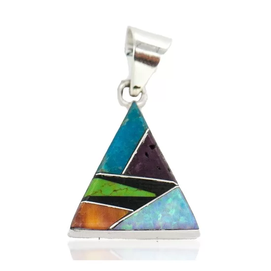 Triangle .925 Sterling Silver Certified Authentic Navajo Natural Multicolor Real Handmade Native American Inlaid Pendant 24491-18 Triangle .925 Sterling Silver Certified Authentic Navajo Natural Multicolor Real Handmade Native American Inlaid Pendant 24491-18