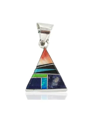 Certified Authentic Navajo Triangle .925 Sterling Silver Natural Multicolor Real Handmade Native American Inlaid Pendant 24491-2
