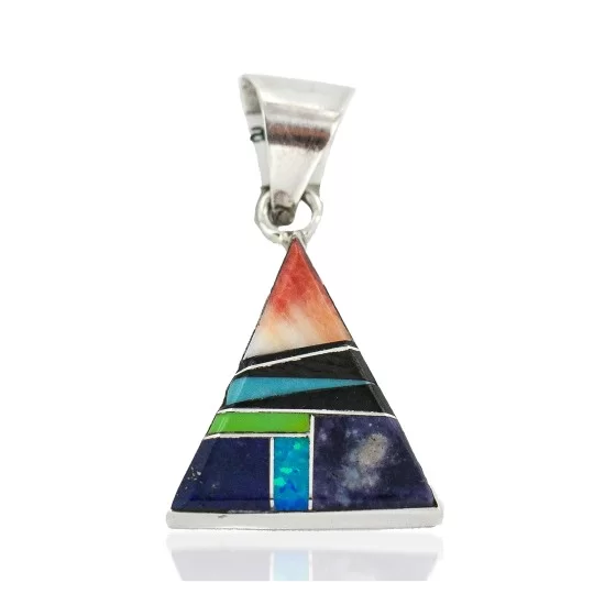 Certified Authentic Navajo Triangle .925 Sterling Silver Natural Multicolor Real Handmade Native American Inlaid Pendant 24491-2