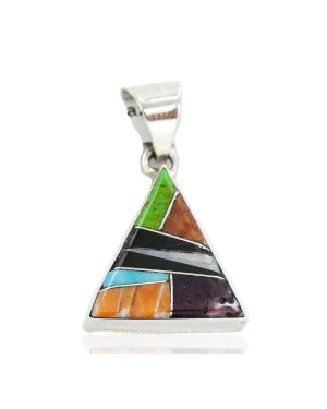 Certified Authentic Triangle Navajo .925 Sterling Silver Natural Multicolor Real Handmade Native American Inlaid Pendant 24491-3
