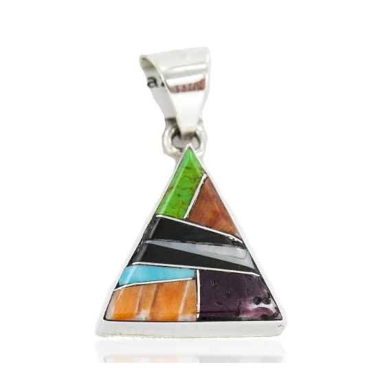 Certified Authentic Triangle Navajo .925 Sterling Silver Natural Multicolor Real Handmade Native American Inlaid Pendant 24491-3 Certified Authentic Triangle Navajo .925 Sterling Silver Natural Multicolor Real Handmade Native American Inlaid Pendant 24491-3