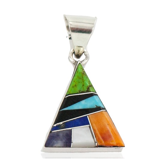 Triangle Navajo Certified Authentic .925 Sterling Silver Natural Multicolor Real Handmade Native American Inlaid Pendant 24491-6