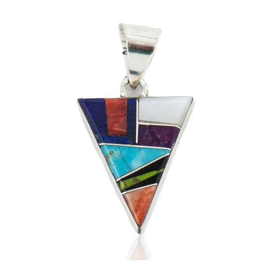 Navajo .925 Sterling Silver Certified Authentic Natural Multicolor Triangle Real Handmade Native American Inlaid Pendant 24491-9