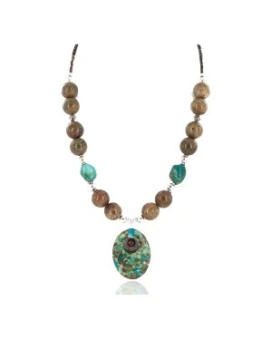 .925 Sterling Silver Certified Authentic Navajo Natural Turquoise Agate Native American Necklace 24514-6