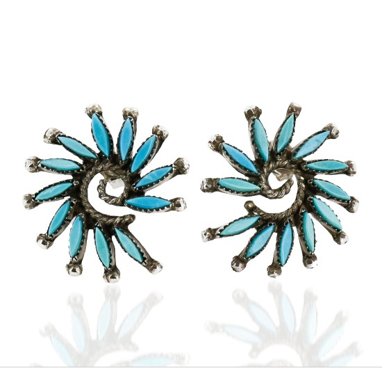 Certified Authentic Handmade Zuni Petit Point .925 Sterling Silver Stud Native American Earrings Natural Turquoise 27125
