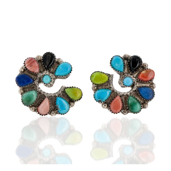 Handmade Certified Authentic Petit Point Zuni .925 Sterling Silver Natural Turquoise and Multicolor Stud Native American Earrings 27127-00 Handmade Certified Authentic Petit Point Zuni .925 Sterling Silver Natural Turquoise and Multicolor Stud Native American Earrings 27127-00