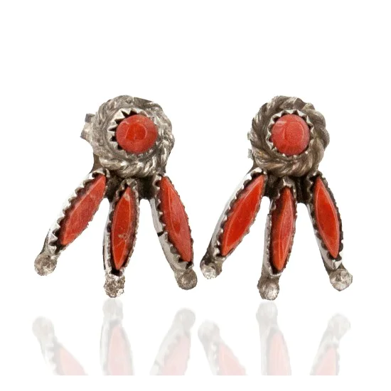 Handmade Certified Authentic Zuni .925 Sterling Silver Coral Stud Native American Earrings 27128 Handmade Certified Authentic Zuni .925 Sterling Silver Coral Stud Native American Earrings 27128