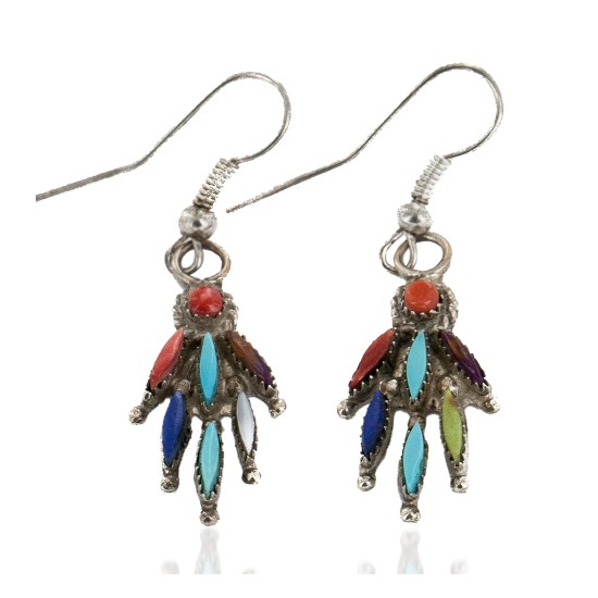 Handmade Certified Authentic Zuni .925 Sterling Silver Natural Multicolor Dangle Native American Earrings 27137