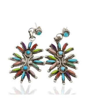 Handmade Certified Authentic Zuni .925 Sterling Silver Natural Multicolor Dangle Native American Earrings 27159
