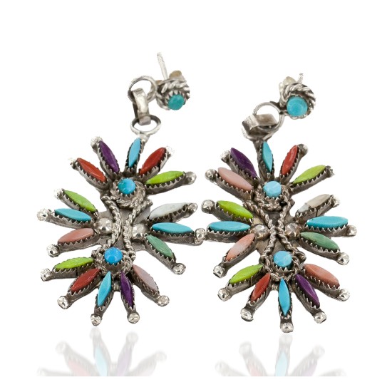 Handmade Certified Authentic Zuni .925 Sterling Silver Natural Multicolor Dangle Native American Earrings 27159