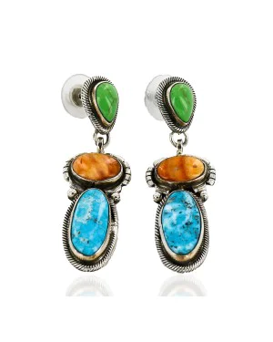 Certified Authentic Handmade Navajo .925 Sterling Silver Natural Turquoise Gaspeite Spiny Oyster Native American Dangle Earrings 27161-2 Certified Authentic Handmade Navajo .925 Sterling Silver Natural Turquoise Gaspeite Spiny Oyster Native American Dangle Earrings 27161-2