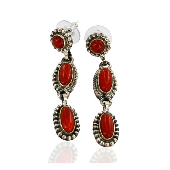 Certified Authentic Handmade Navajo .925 Sterling Silver Dangle Native American Earrings Natural Coral 27162-2
