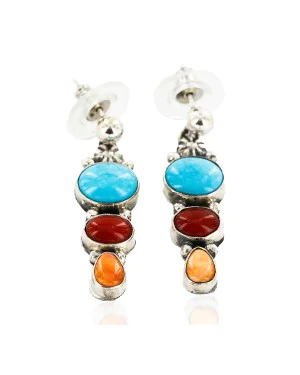 Certified Authentic Handmade Navajo .925 Sterling Silver Dangle Natural Turquoise Coral Spiny Oyster Native American Earrings 27165-1