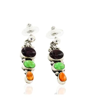 Handmade Navajo .925 Sterling Silver Dangle Earrings with Sugilite, Gaspeite and Spiny Oyster 27165-3 Handmade Navajo .925 Sterling Silver Dangle Earrings with Sugilite, Gaspeite and Spiny Oyster 27165-3