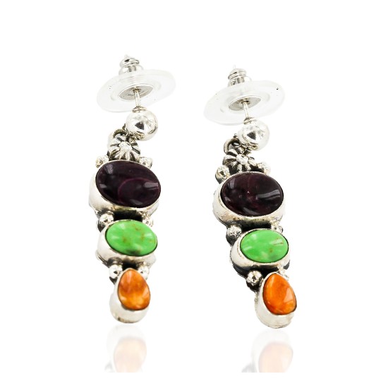 Handmade Navajo .925 Sterling Silver Dangle Earrings with Sugilite, Gaspeite and Spiny Oyster 27165-3 Handmade Navajo .925 Sterling Silver Dangle Earrings with Sugilite, Gaspeite and Spiny Oyster 27165-3