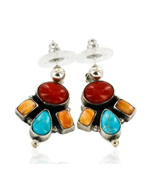 Certified Authentic Handmade Navajo .925 Sterling Silver Natural Turquoise Coral Spiny Oyster Native American Dangle Earrings 27166-1