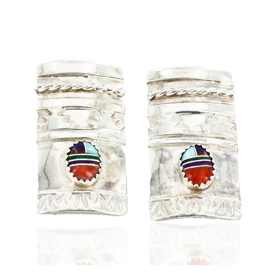 .925 Sterling Silver Handmade Certified Authentic Navajo Inlaid Natural Turquoise Multicolor Stud Native American Earrings 27177-4