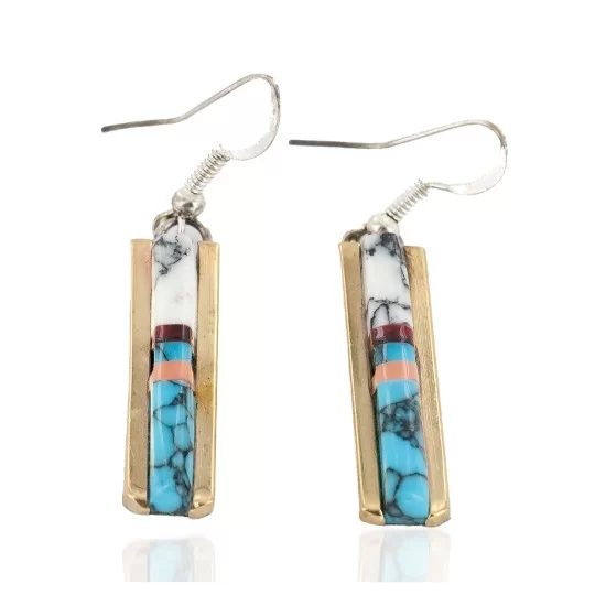 Nickel Handmade Certified Authentic Navajo Inlay Natural Turquoise Coral Native American Earrings 27184-1