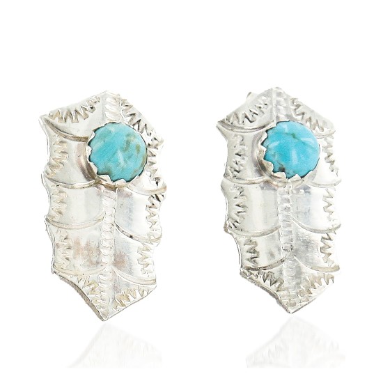 .925 Sterling Silver Leaf Handmade Certified Authentic Navajo Natural Turquoise Stud Native American Earrings 27185-2