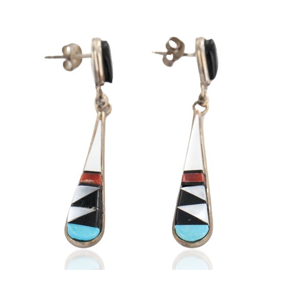 Inlay Drop Handmade Certified Authentic Zuni .925 Sterling Silver Natural Turquoise Mother Of Pearl Black Onyx Coral Native American Dangle Earrings 27213-3