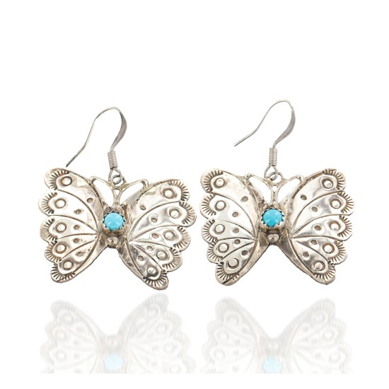 Certified Authentic Handmade Butterfly Navajo Signed .925 Sterling Silver Natural Turquoise Dangle Native American Earrings 27219