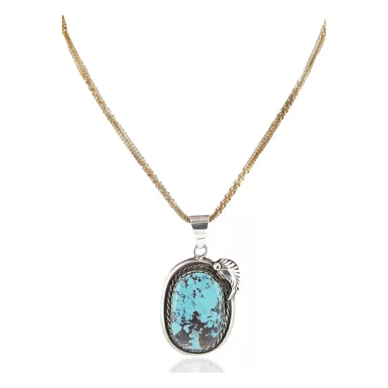 Feather Certified Authentic .925 Sterling Silver Handmade Navajo Natural Turquoise Native American Necklace 14996