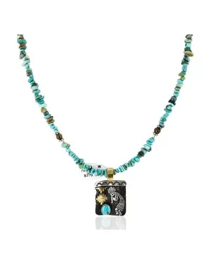 Kokopelli 12kt Gold Filled and .925 Sterling Silver Handmade Certified Authentic Navajo Natural Turquoise Purple Goldstone and Black Onyx Native American Necklace 740100-2-790100