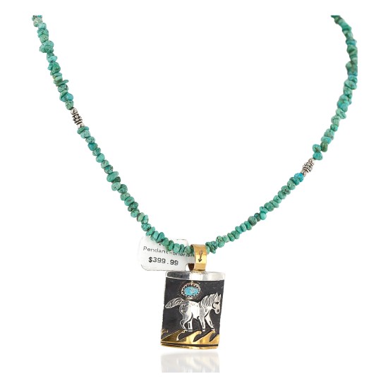 Certified Authentic 12kt Gold Filled and .925 Sterling Silver Horse Wave Handmade Natural Turquoise Native American Necklace 740100-3-102248
