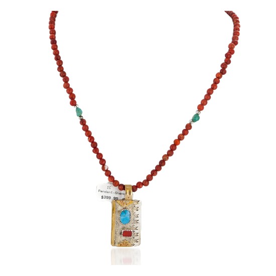 12kt Gold Filled and .925 Sterling Silver Handmade Certified Authentic Navajo Coral Natural Turquoise Native American Necklace 740100-78-1570
