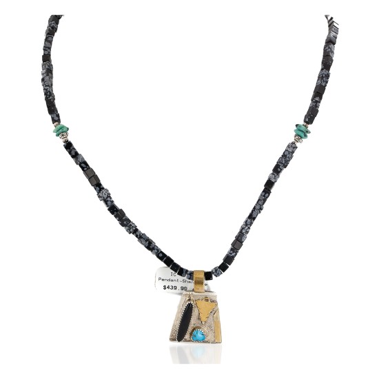 Arrow 12kt Gold Filled and .925 Sterling Silver Handmade Certified Authentic Navajo Natural Snowflake Obsidian Black Onyx and Turquoise Native American Necklace 740101-24-790101