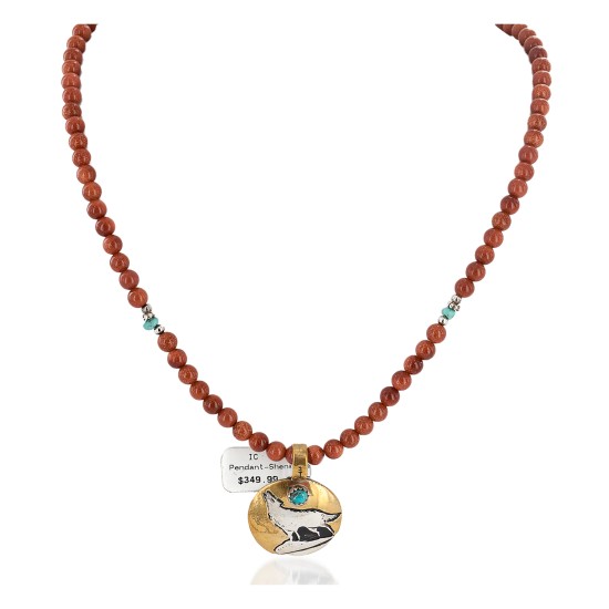 Wolf 12kt Gold Filled and .925 Sterling Silver Handmade Certified Authentic Navajo Natural Turquoise Goldstone Native American Necklace 740103-30-10225