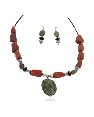 .925 Sterling Silver Hooks Certified Authentic Navajo Natural Turquoise Red Jasper Black Onyx Native American Set 750208-2-18251-3