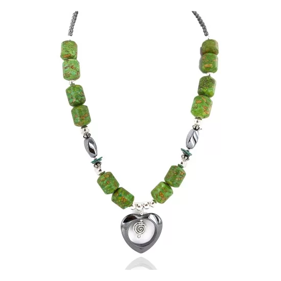 Heart .925 Sterling Silver Certified Authentic Navajo Natural Turquoise Hematite Gaspeite Native American Necklace 750226-4 Heart .925 Sterling Silver Certified Authentic Navajo Natural Turquoise Hematite Gaspeite Native American Necklace 750226-4