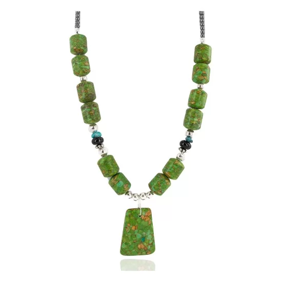 .925 Sterling Silver Certified Authentic Navajo Natural Turquoise Black Onyx Gaspeite Native American Necklace 750230-8