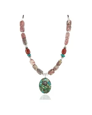 .925 Sterling Silver Certified Authentic Navajo Natural Turquoise Jasper Charoite Native American Necklace 750237-7