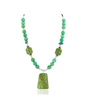 .925 Sterling Silver Certified Authentic Navajo Natural Turquoise Gaspeite Native American Necklace 750241-4