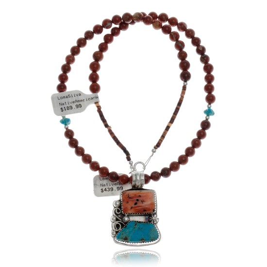 Handmade Certified Authentic Navajo .925 Sterling Silver Natural Turquoise, Spiny Oyster and Red Jasper Native American Necklace and Pendant 370829502794 All Products 14725-22506 370829502794 (by LomaSiiva)
