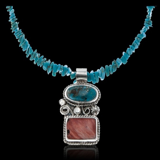 Handmade Certified Authentic Navajo .925 Sterling Silver Spiny Oyster and Natural Turquoise Native American Necklace & Pendant 390619935942 All Products 1489-10-15975-16 390619935942 (by LomaSiiva)