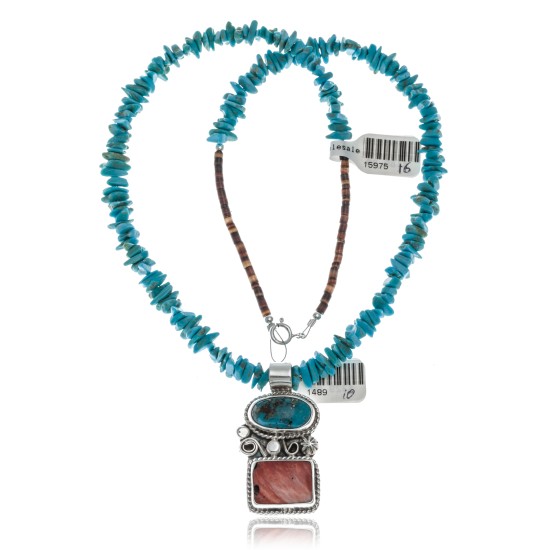 Handmade Certified Authentic Navajo .925 Sterling Silver Spiny Oyster and Natural Turquoise Native American Necklace & Pendant 390619935942 All Products 1489-10-15975-16 390619935942 (by LomaSiiva)