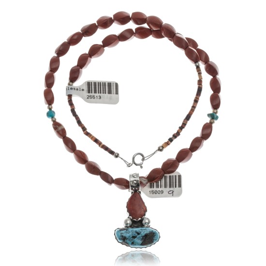 Handmade Certified Authentic Navajo .925 Sterling Silver Spiny Oyster, Red Jasper  and Natural Turquoise Native American Necklace and Pendant 371008873678 All Products 15009-9-25513 371008873678 (by LomaSiiva)