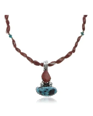 Handmade Certified Authentic Navajo .925 Sterling Silver Spiny Oyster, Red Jasper  and Natural Turquoise Native American Necklace and Pendant 371008873678