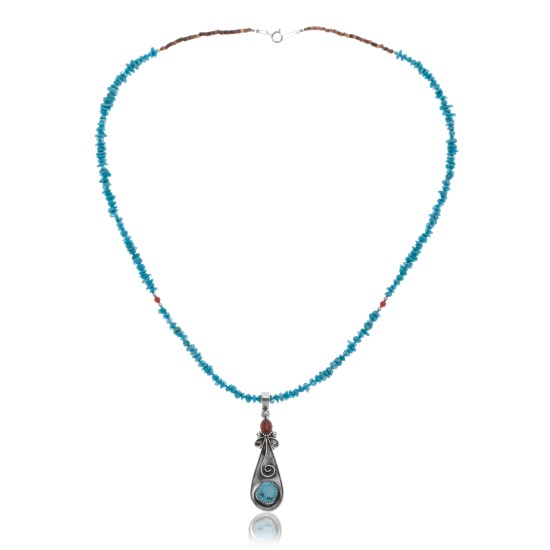 Long Handmade Certified Authentic Navajo .925 Sterling Silver Natural Quartz, Spiny Oyster and Turquoise Native American Necklace and Pendant 371035001948 All Products 15061-25513 371035001948 (by LomaSiiva)