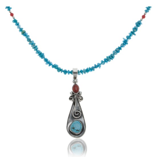 Long Handmade Certified Authentic Navajo .925 Sterling Silver Natural Quartz, Spiny Oyster and Turquoise Native American Necklace and Pendant 371035001948 All Products 15061-25513 371035001948 (by LomaSiiva)