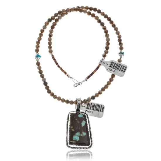 Large Handmade Certified Authentic Navajo .925 Sterling Silver Natural Jasper and Boulder Turquoise Native American Necklace and Pendant 390594947367